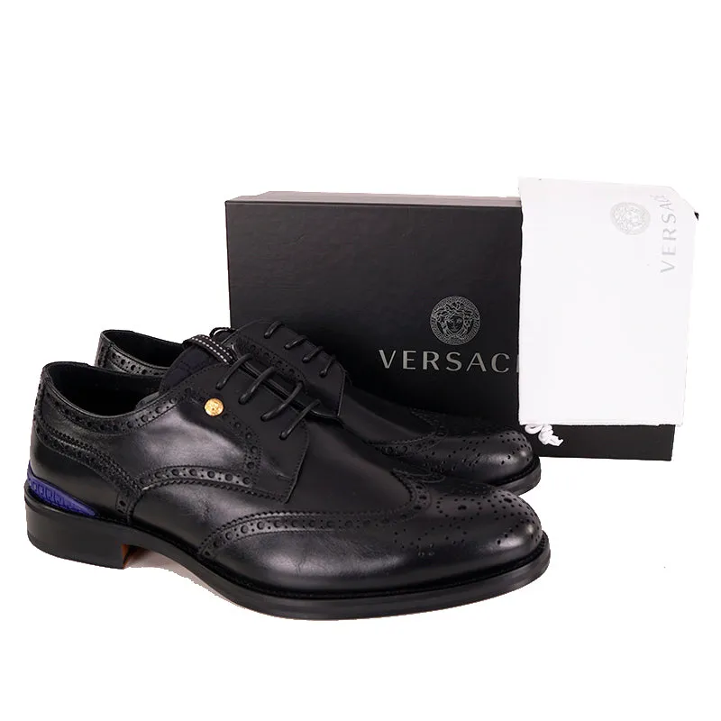 46.5 13.5 NEW $1250 VERSACE Men's Black Leather MEDUSA LOGO WINGTIP OXFORD Dress