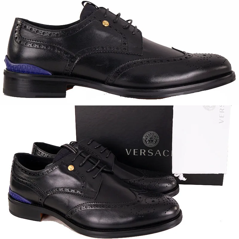 46.5 13.5 NEW $1250 VERSACE Men's Black Leather MEDUSA LOGO WINGTIP OXFORD Dress