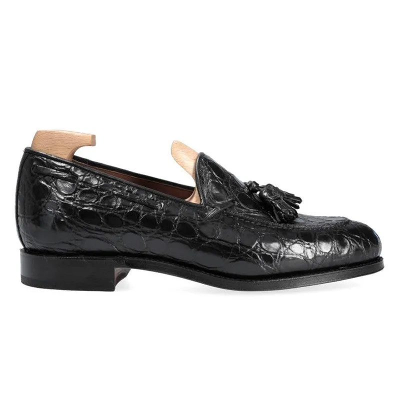 6 CM/2.36 Inches CMR CHAMARIPA Men's Height-Increasing Crocodile Tassel Loafers - Handcrafted Black Leather