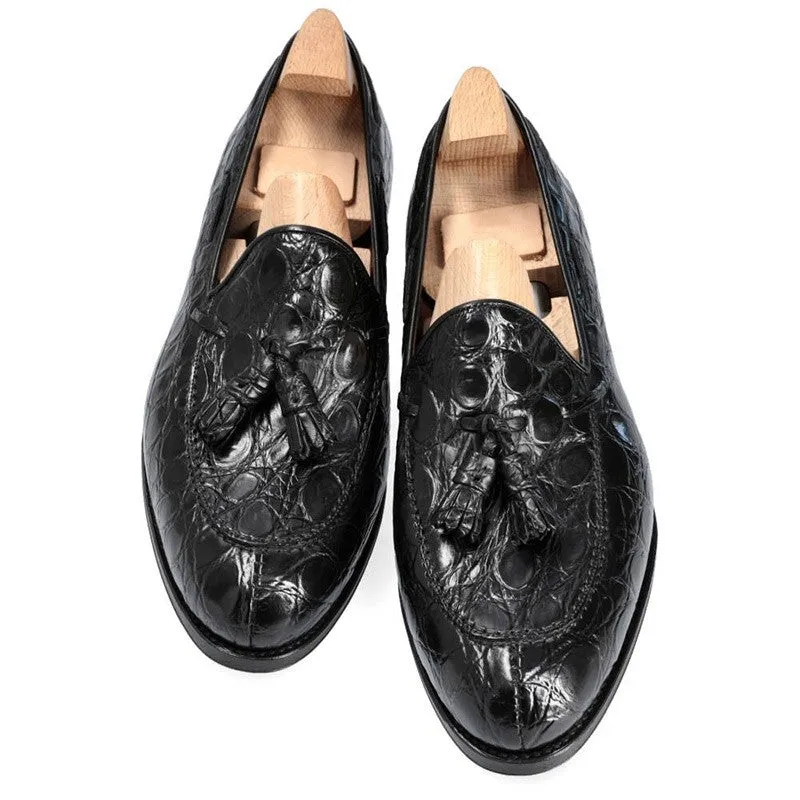 6 CM/2.36 Inches CMR CHAMARIPA Men's Height-Increasing Crocodile Tassel Loafers - Handcrafted Black Leather