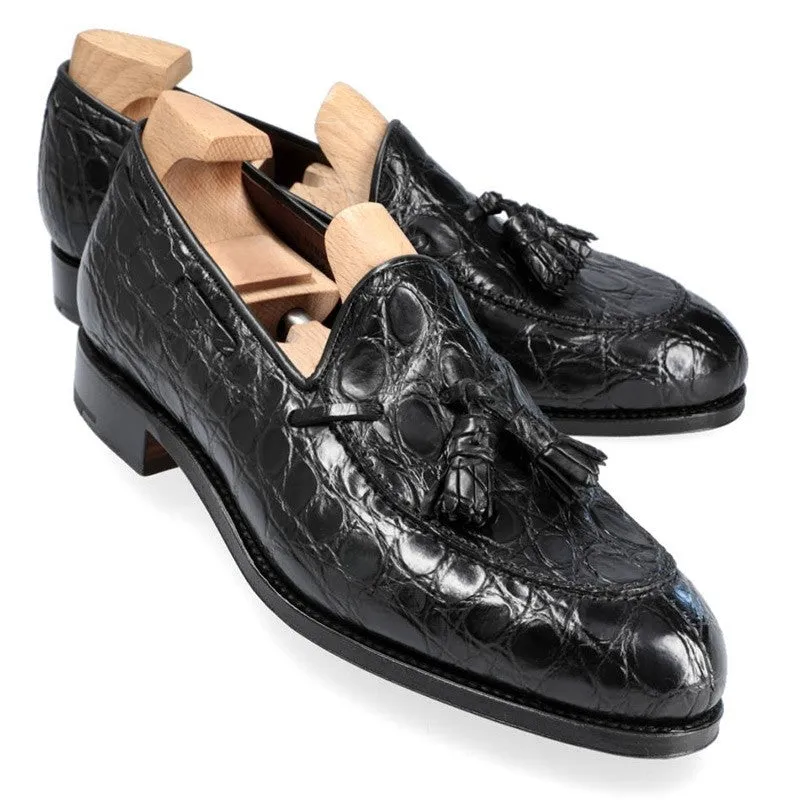 6 CM/2.36 Inches CMR CHAMARIPA Men's Height-Increasing Crocodile Tassel Loafers - Handcrafted Black Leather