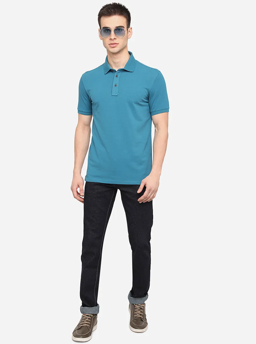 Aqua Blue Solid Slim Fit Polo T-Shirt | JadeBlue