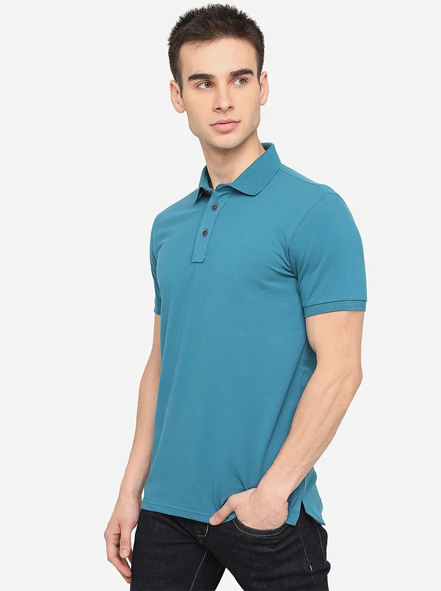 Aqua Blue Solid Slim Fit Polo T-Shirt | JadeBlue