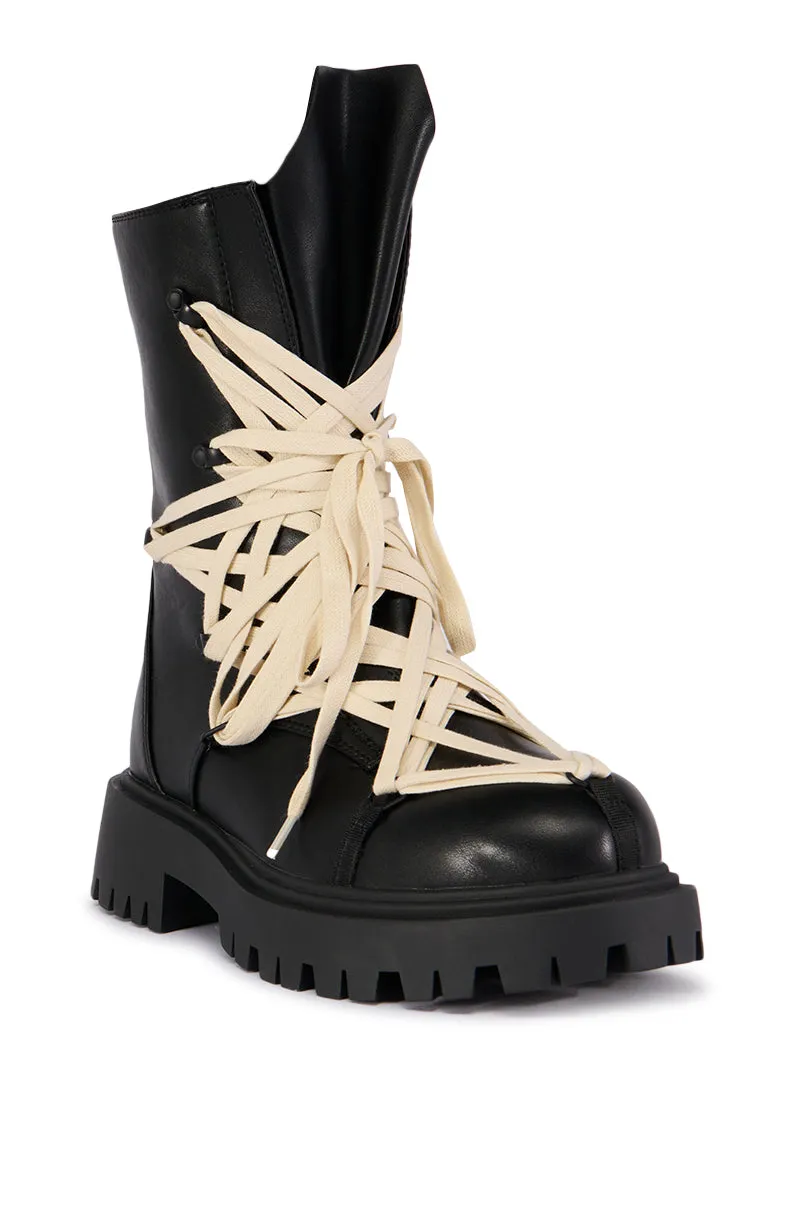 AZALEA WANG ARJUN LACE DETAIL COMBAT BOOTIE IN BLACK