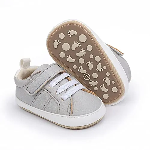 Baby Boys Girls Leather PRE-Walking Sneakers Toddler Anti-Slip Rubber Sole Infant Lightweight First Step Shoes (0301/Grey, Infant, 6 Months, Age Range, US Footwear Size System, 12 Months, Medium)