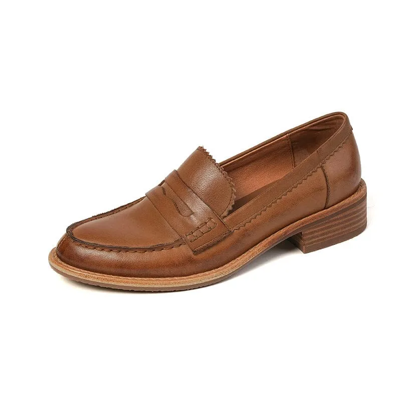 Classic Leather Penny Loafers for Women Round Toe in Coffee/Black