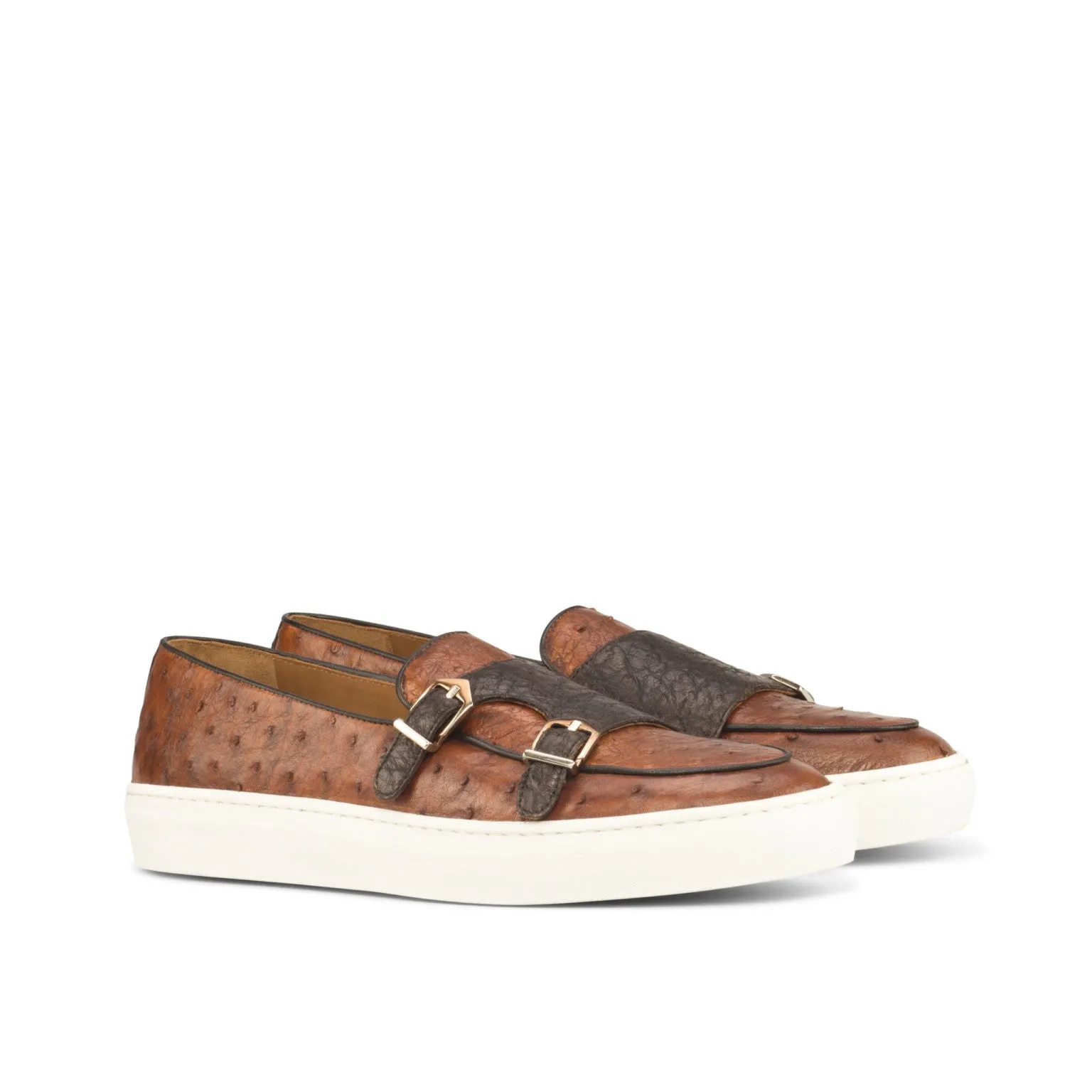 Cognac & Dark Brown Ostrich Double-Monk Sneakers