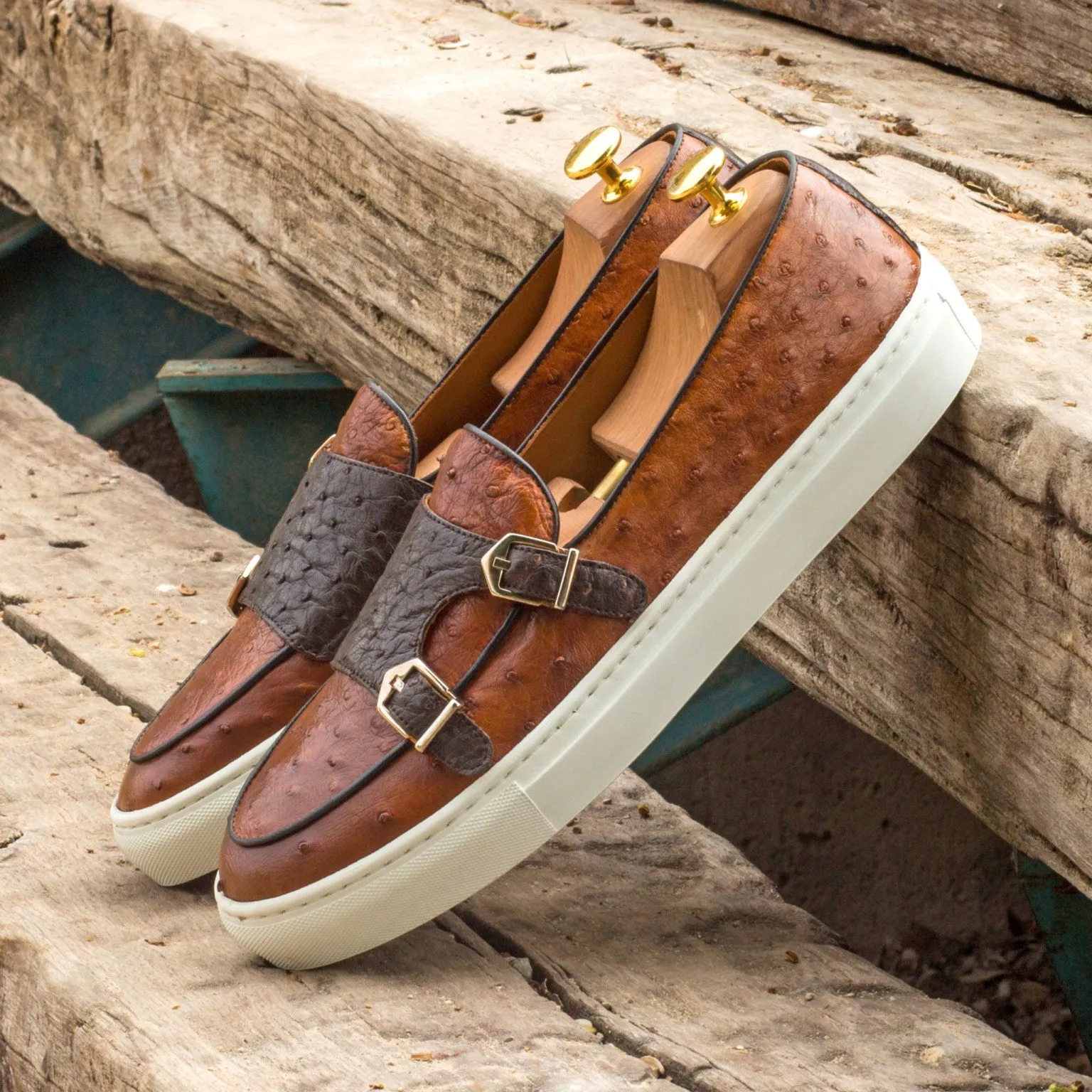 Cognac & Dark Brown Ostrich Double-Monk Sneakers