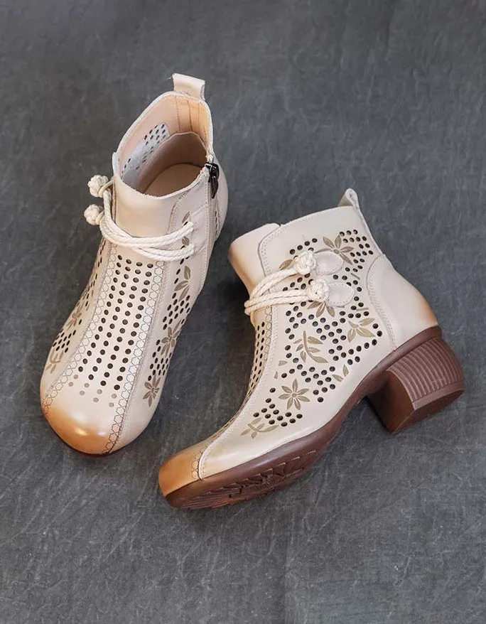 Flower Embossed Breathable Hollow Chunky Heels 34-41