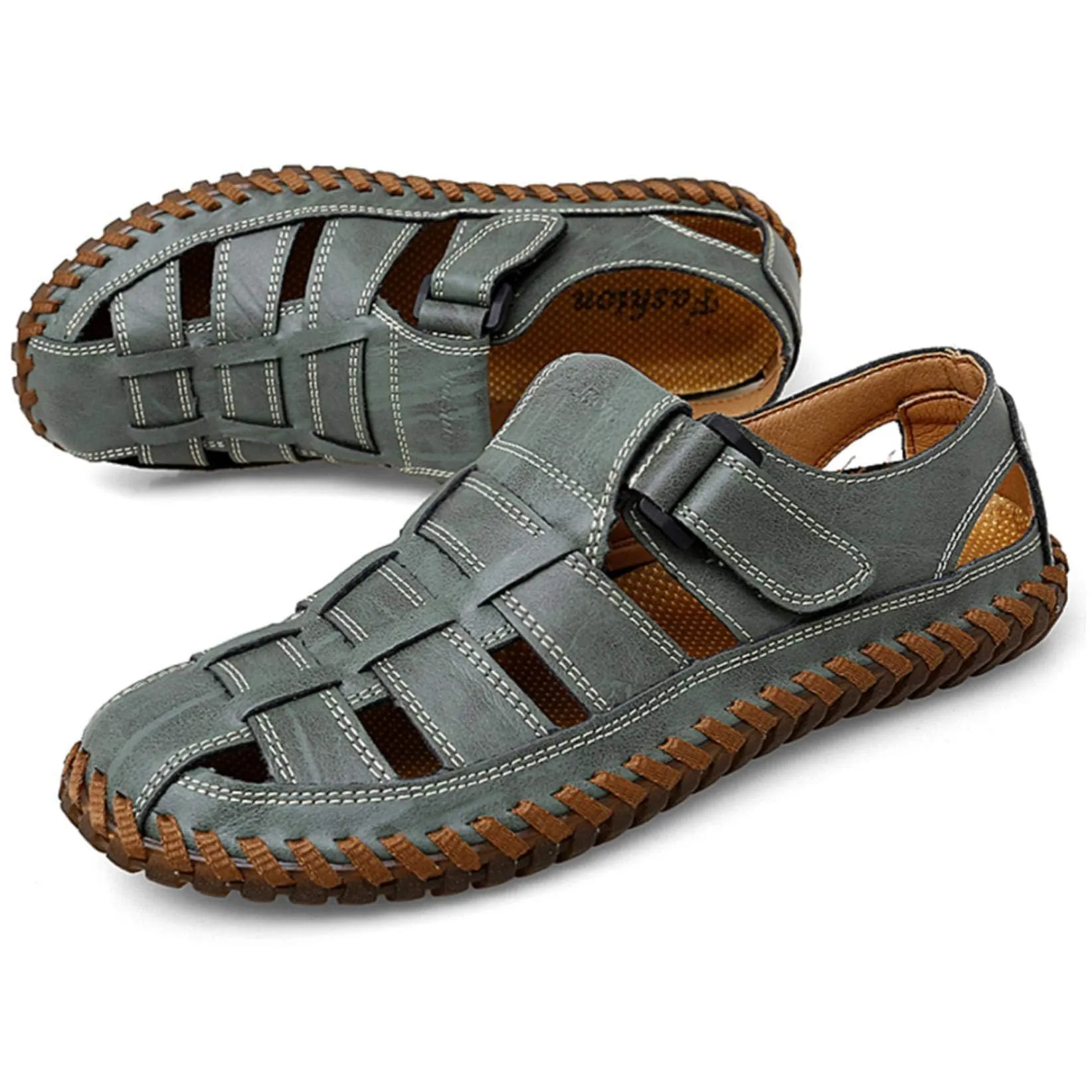 Green Men's Breathable Leather Outdoor Summer Sandals