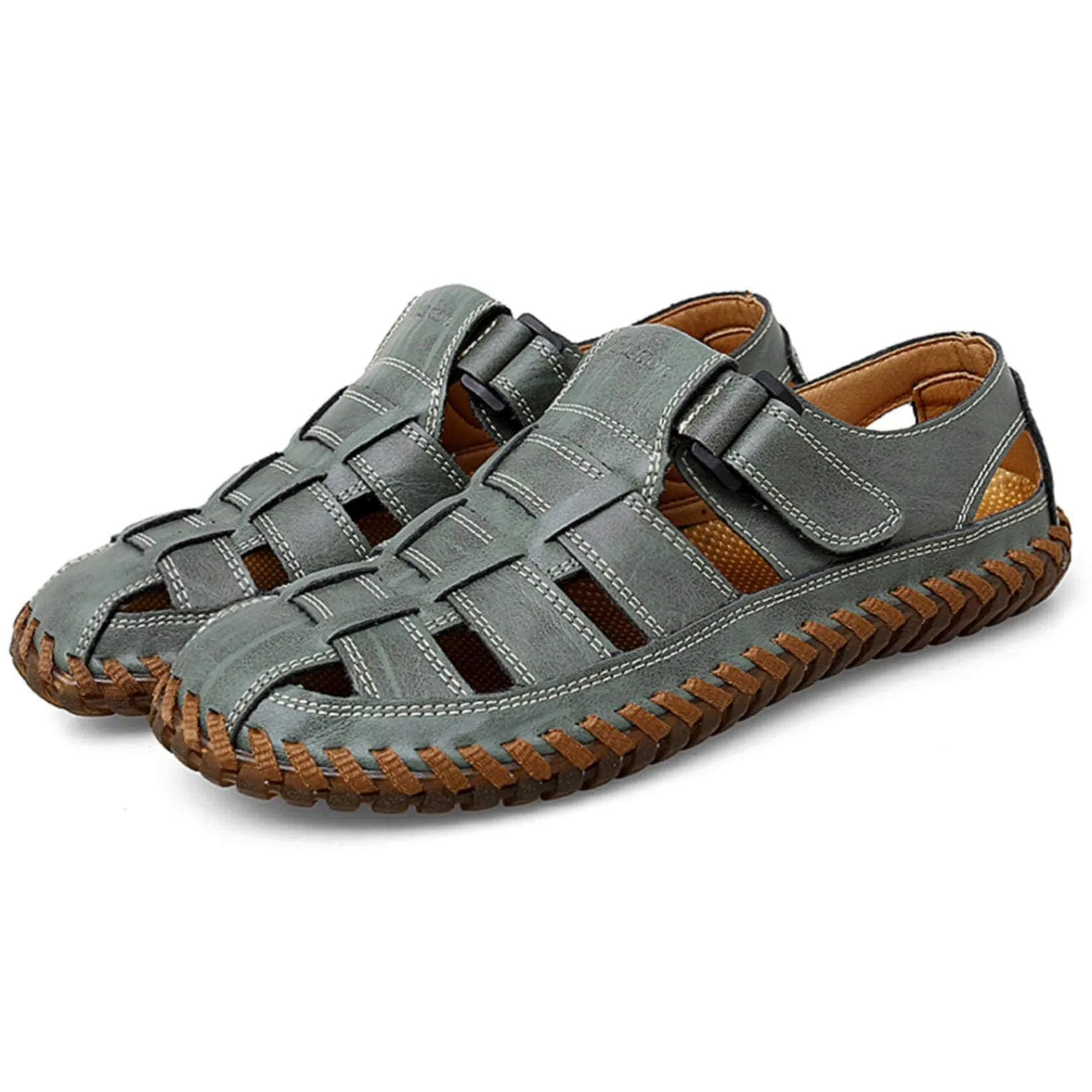 Green Men's Breathable Leather Outdoor Summer Sandals