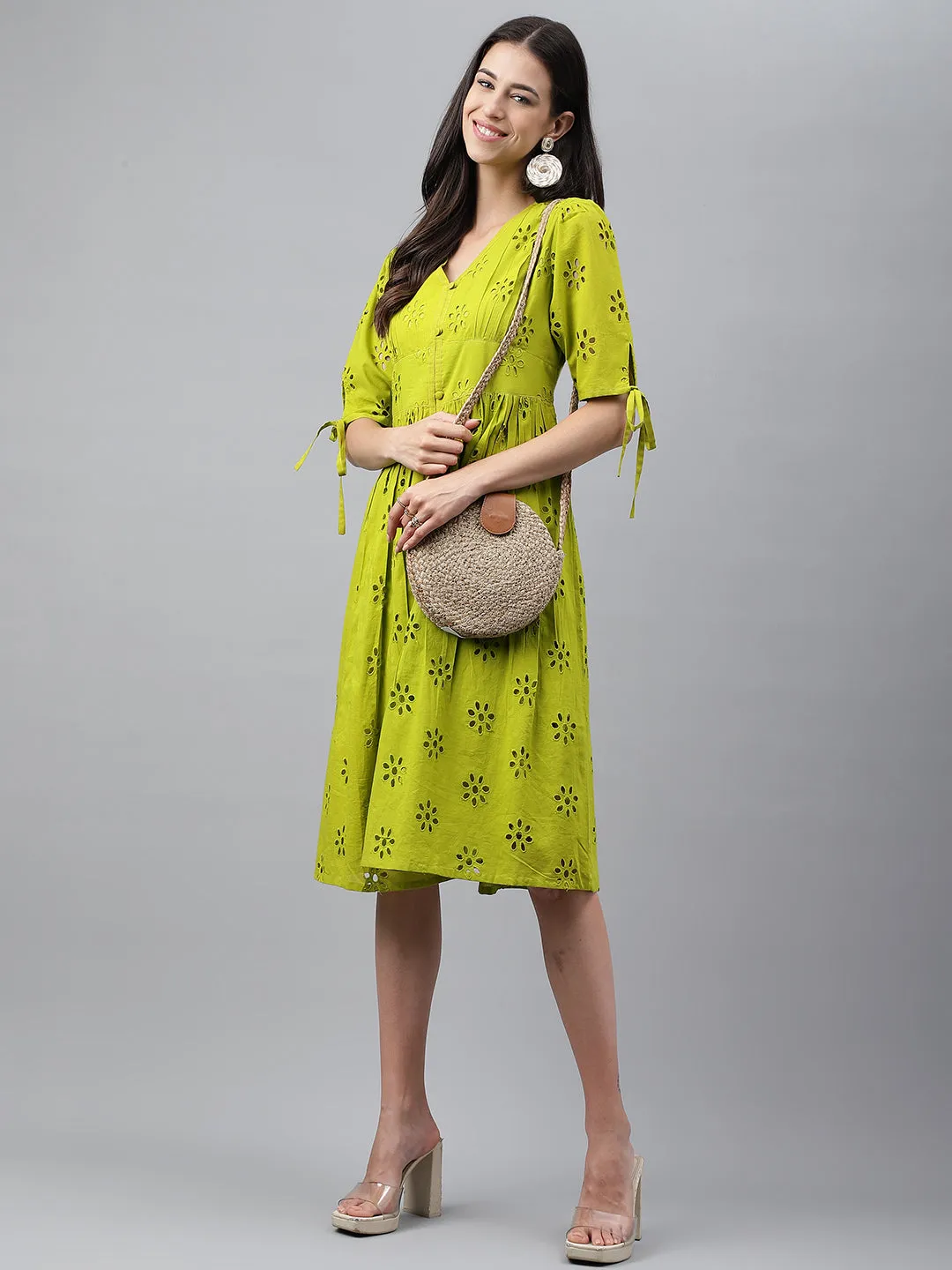 Lime Green Cotton Schiffli Casual Flare Dress