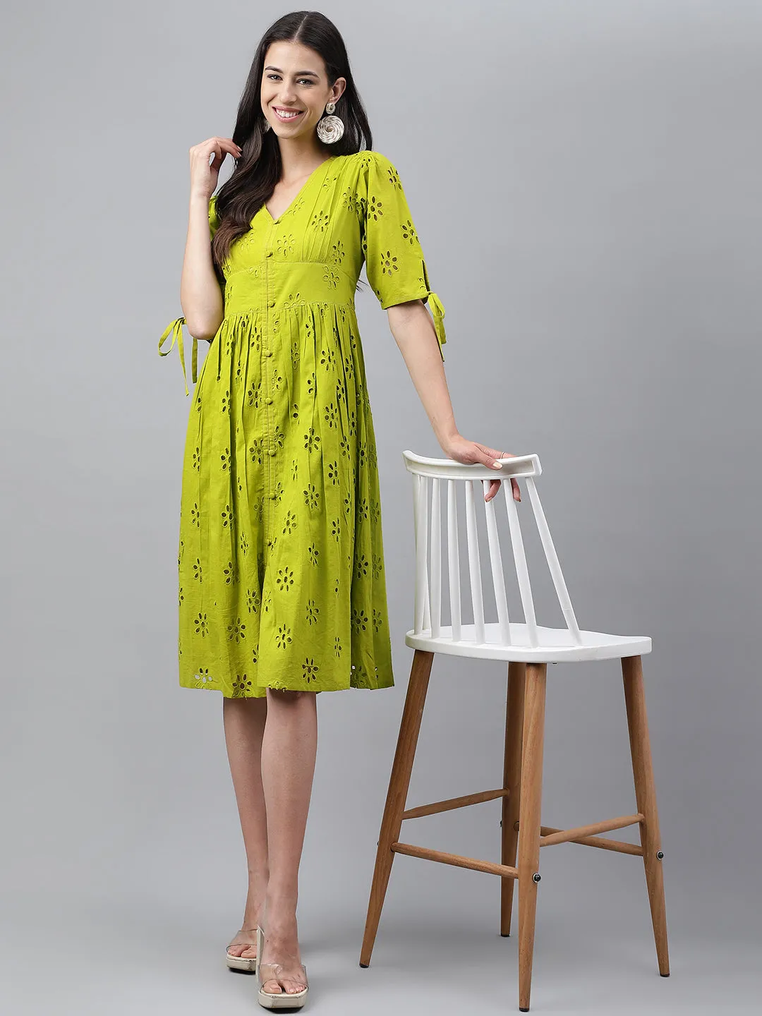 Lime Green Cotton Schiffli Casual Flare Dress