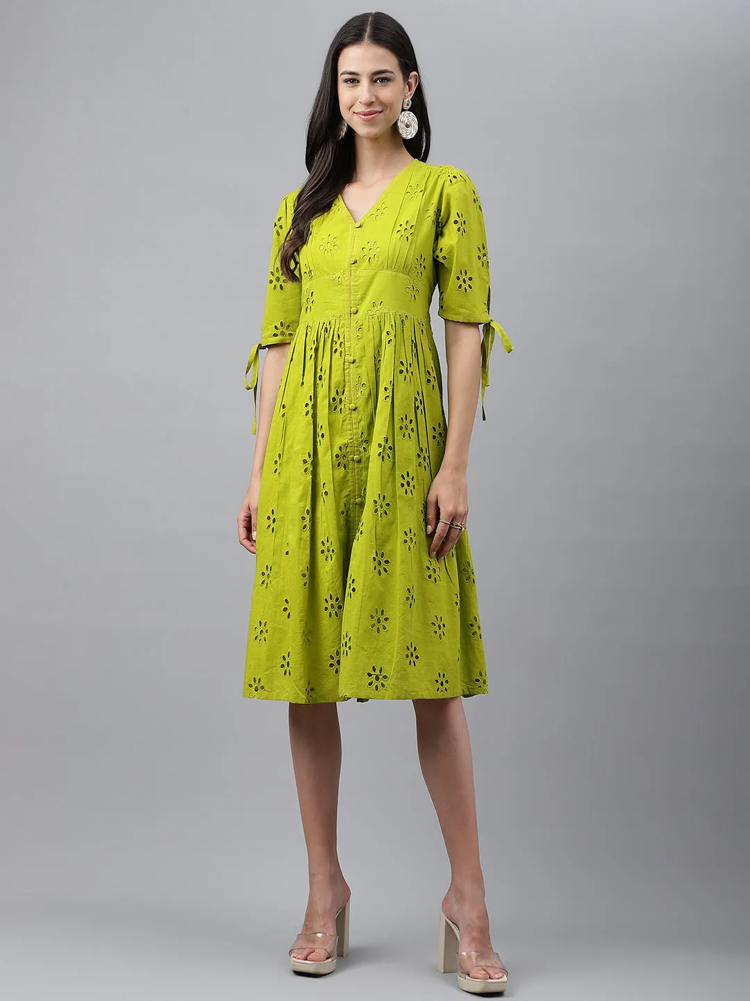 Lime Green Cotton Schiffli Casual Flare Dress