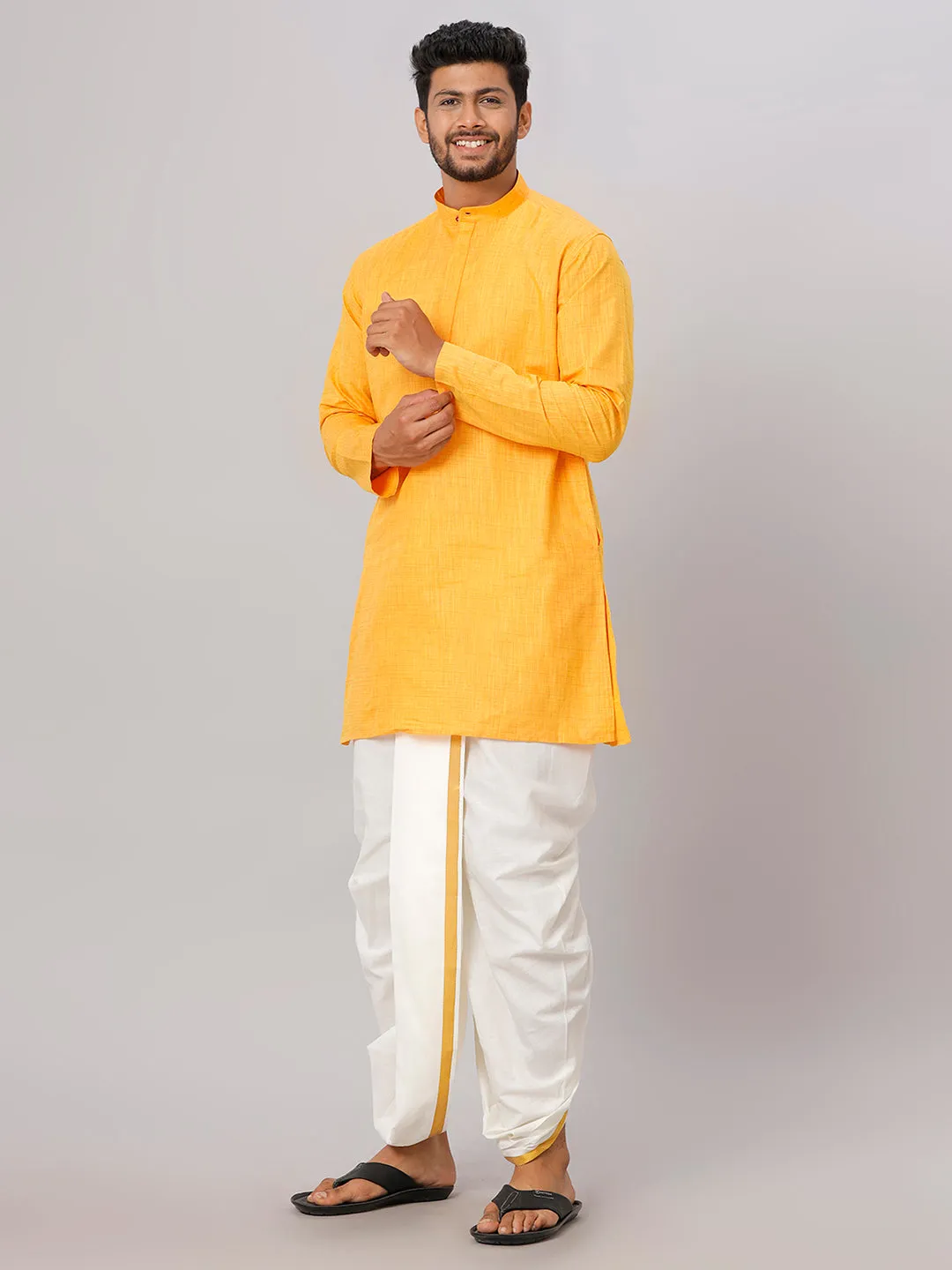 Men Cotton Medium Length Kurta with Cream Readymade Elastic Panchakacham Set FS1