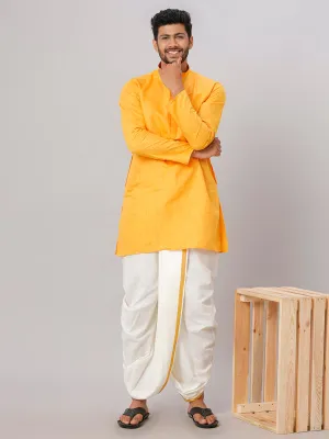 Men Cotton Medium Length Kurta with Cream Readymade Elastic Panchakacham Set FS1