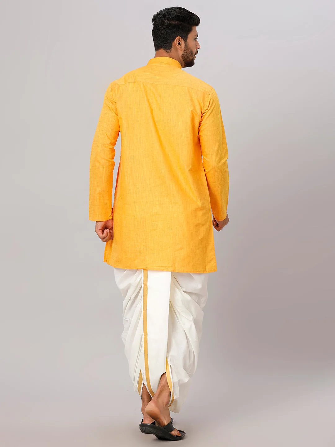 Men Cotton Medium Length Kurta with Cream Readymade Elastic Panchakacham Set FS1