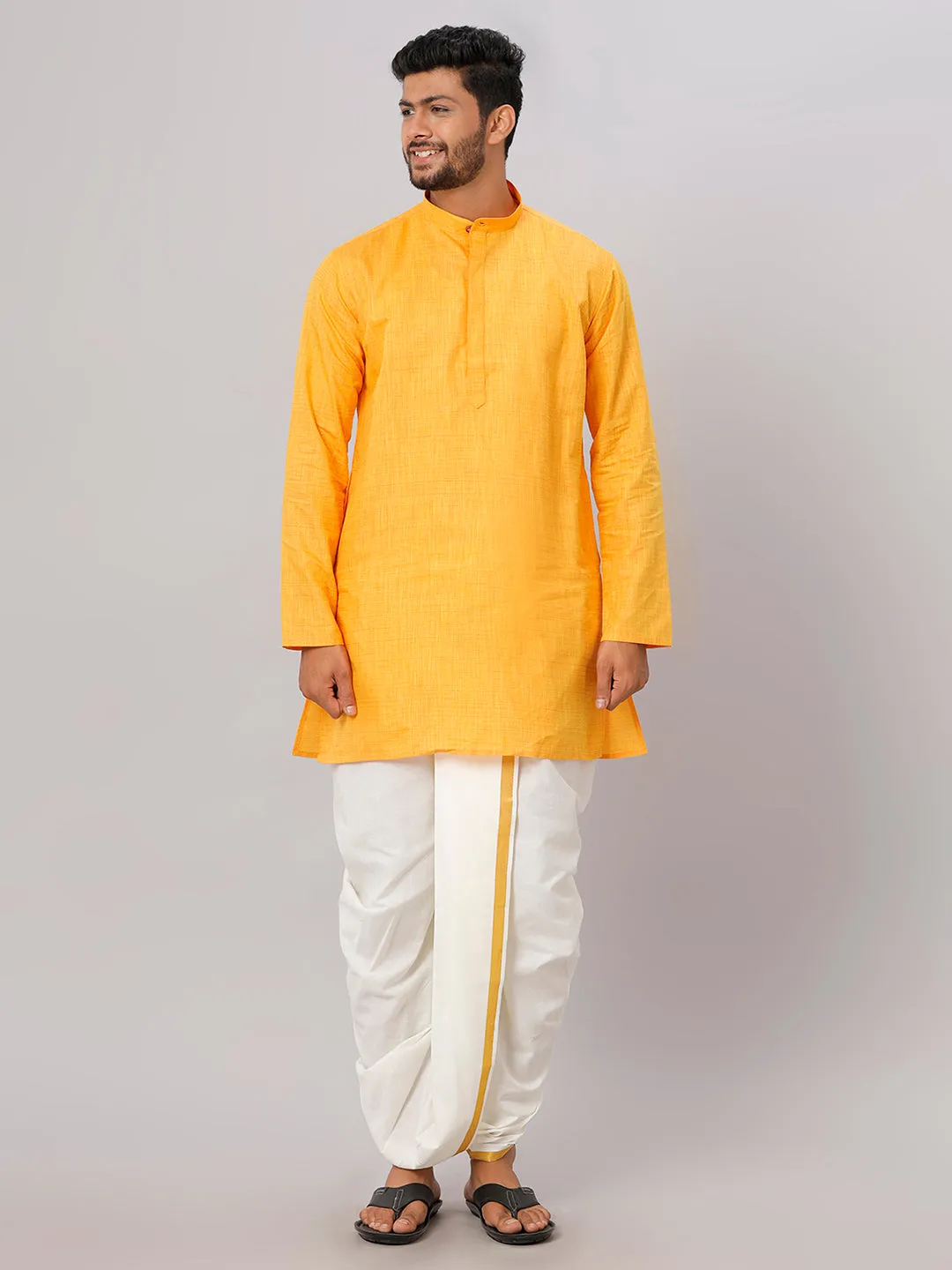 Men Cotton Medium Length Kurta with Cream Readymade Elastic Panchakacham Set FS1