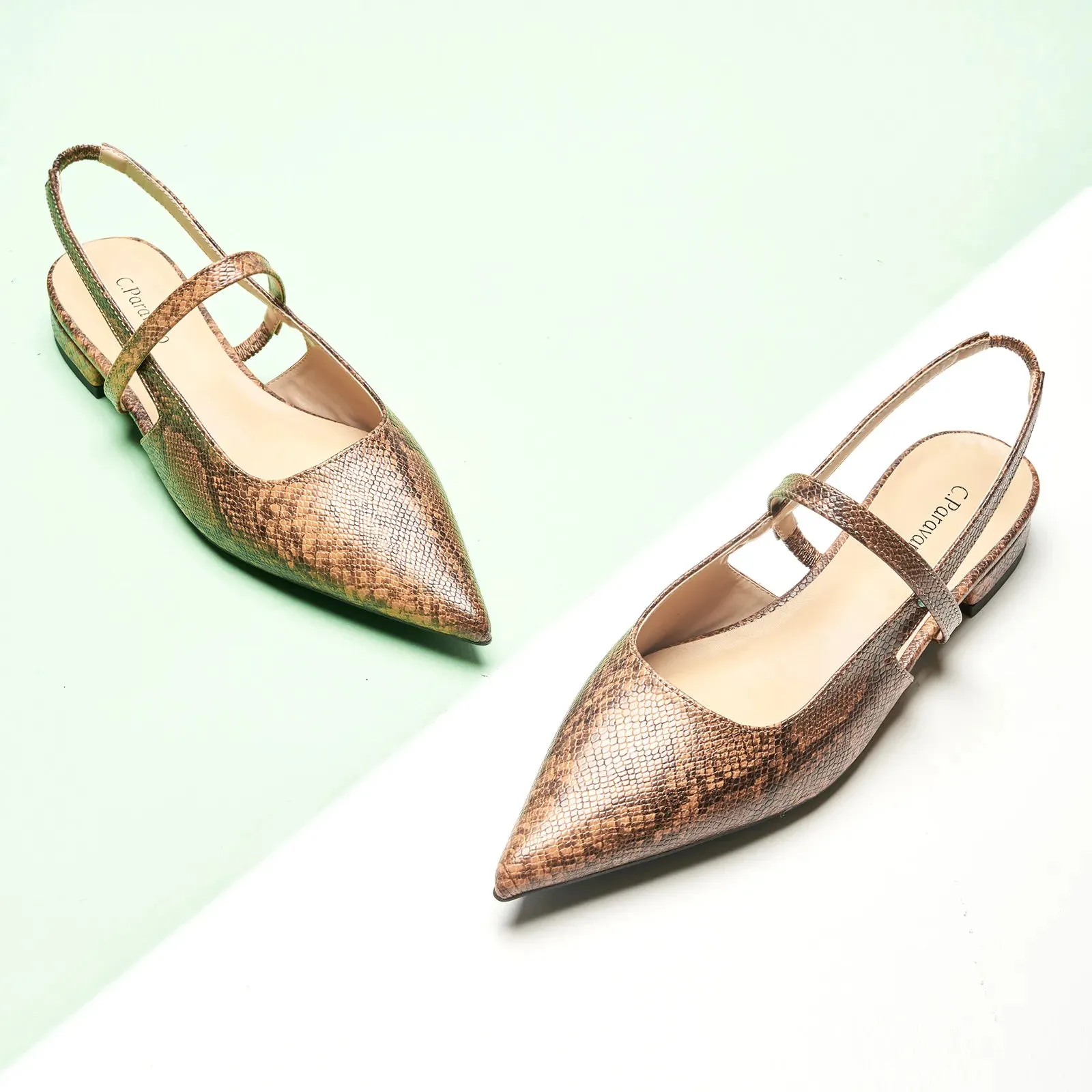 Pointed Toe Snakeskin Slingback Flats (Freya)