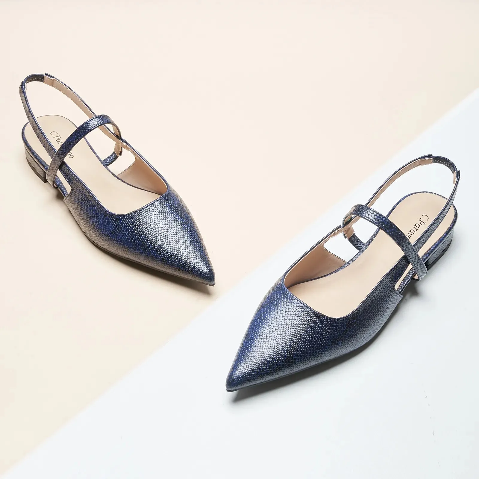 Pointed Toe Snakeskin Slingback Flats (Freya)