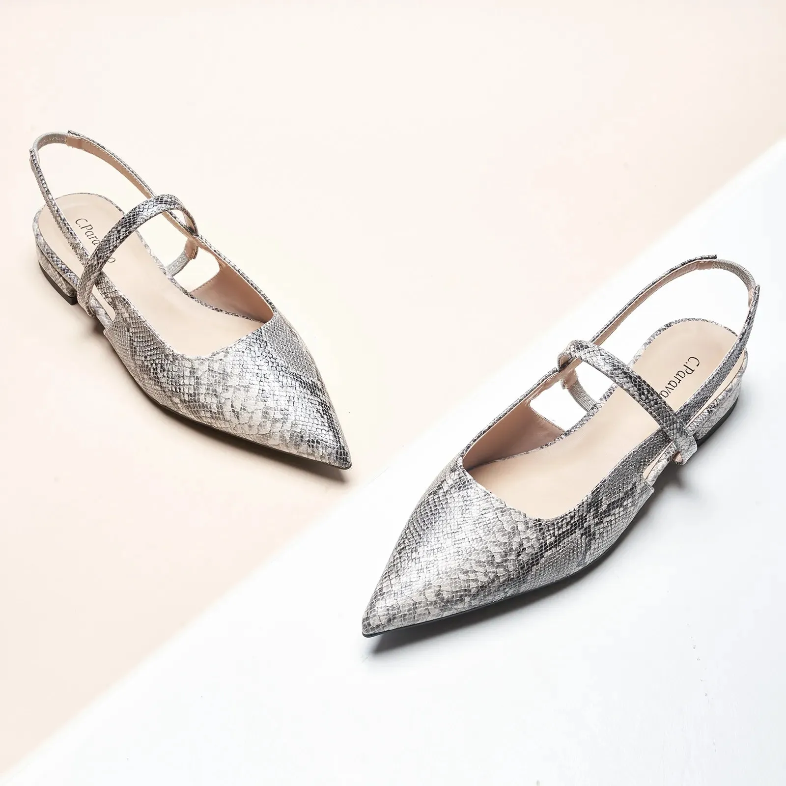 Pointed Toe Snakeskin Slingback Flats (Freya)