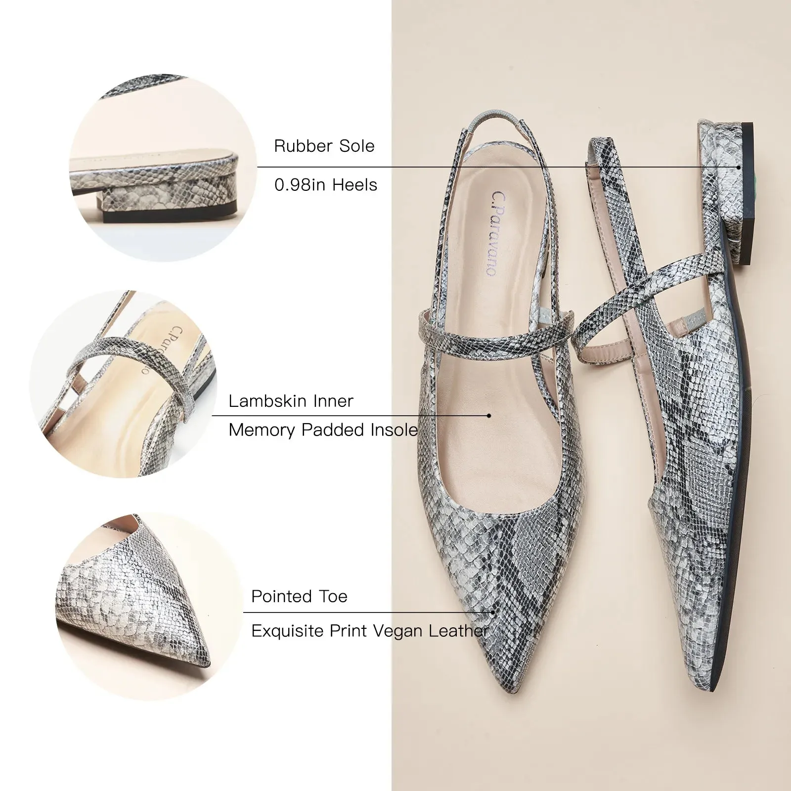 Pointed Toe Snakeskin Slingback Flats (Freya)