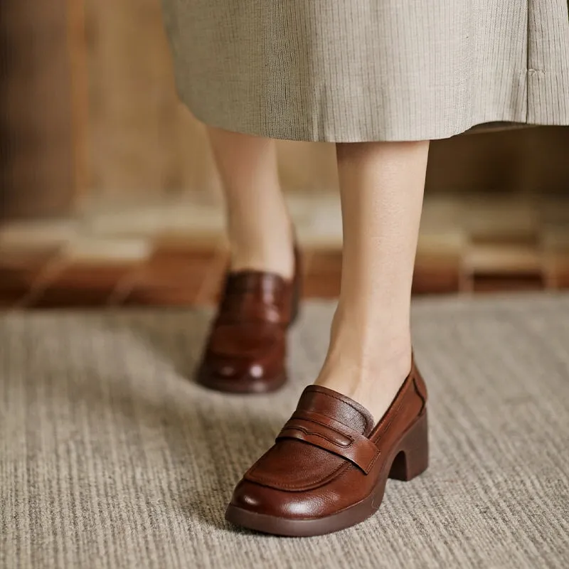 Round Toe 50mm Block Heel Leather Penny Loafers for Women in Brown/Black