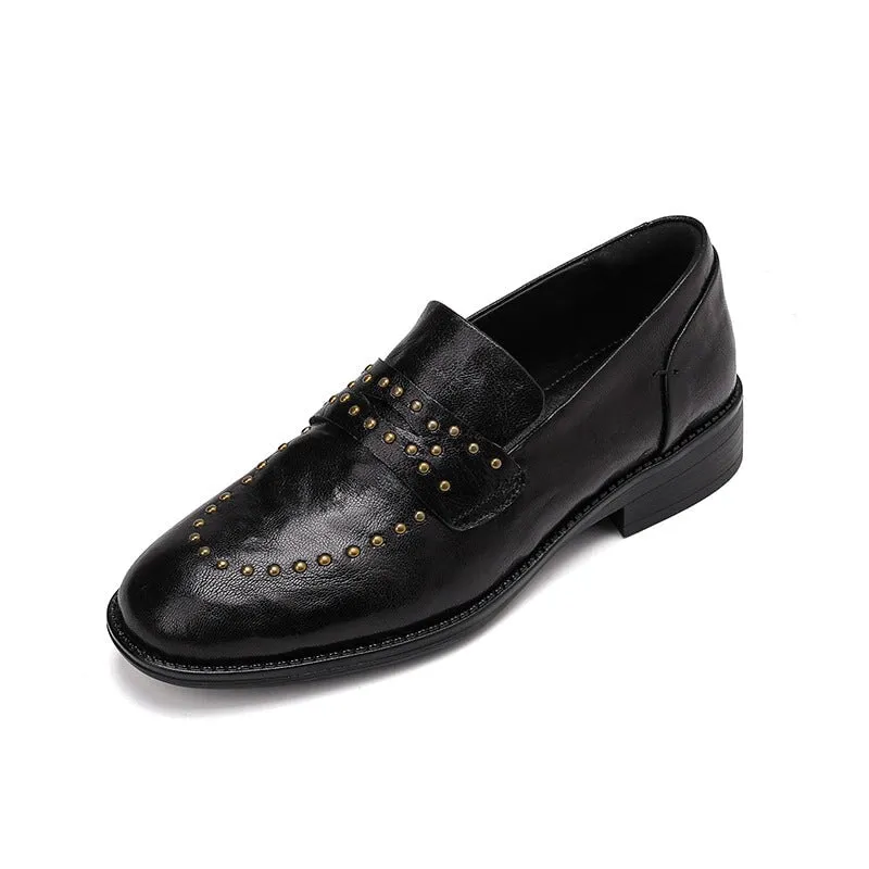 Round Toe Low Block Heel Rivet-embellishment Leather Loafers for Women in White/Brown/Black