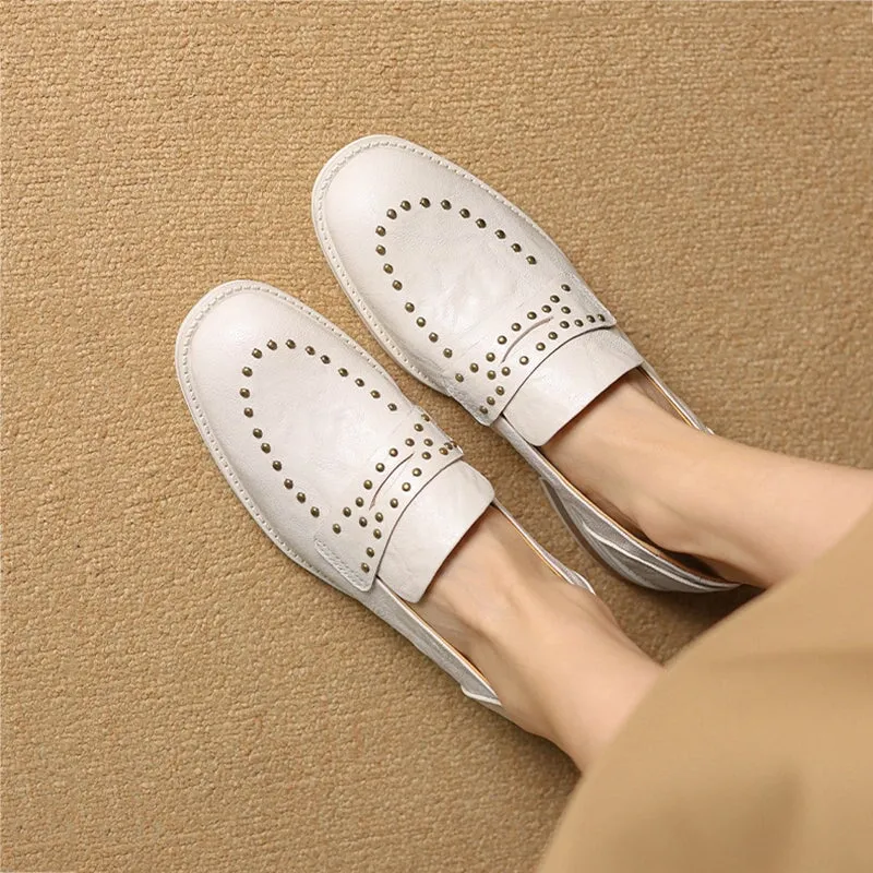 Round Toe Low Block Heel Rivet-embellishment Leather Loafers for Women in White/Brown/Black