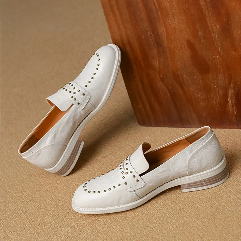 Round Toe Low Block Heel Rivet-embellishment Leather Loafers for Women in White/Brown/Black