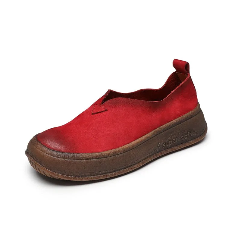 Round Toe Soft Leather Chunky Loafers for Women in Red/Brown