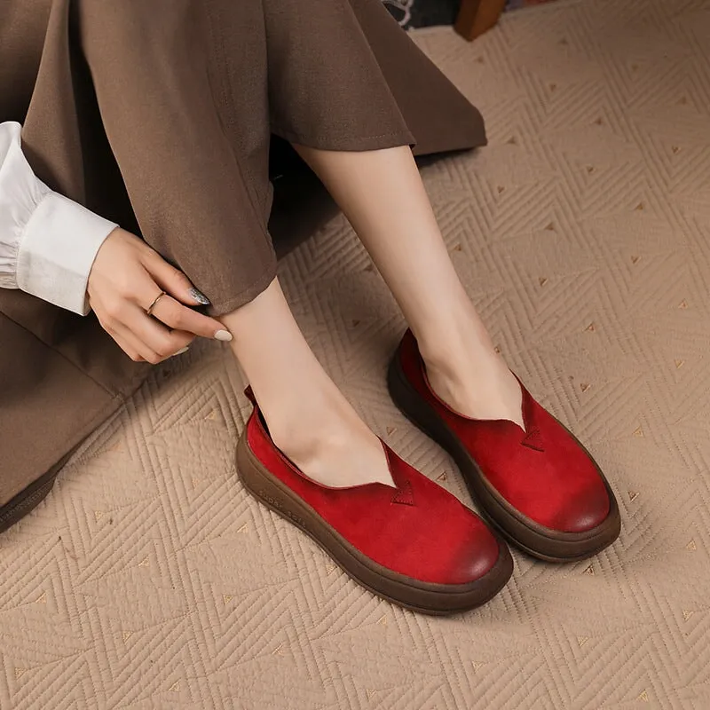 Round Toe Soft Leather Chunky Loafers for Women in Red/Brown