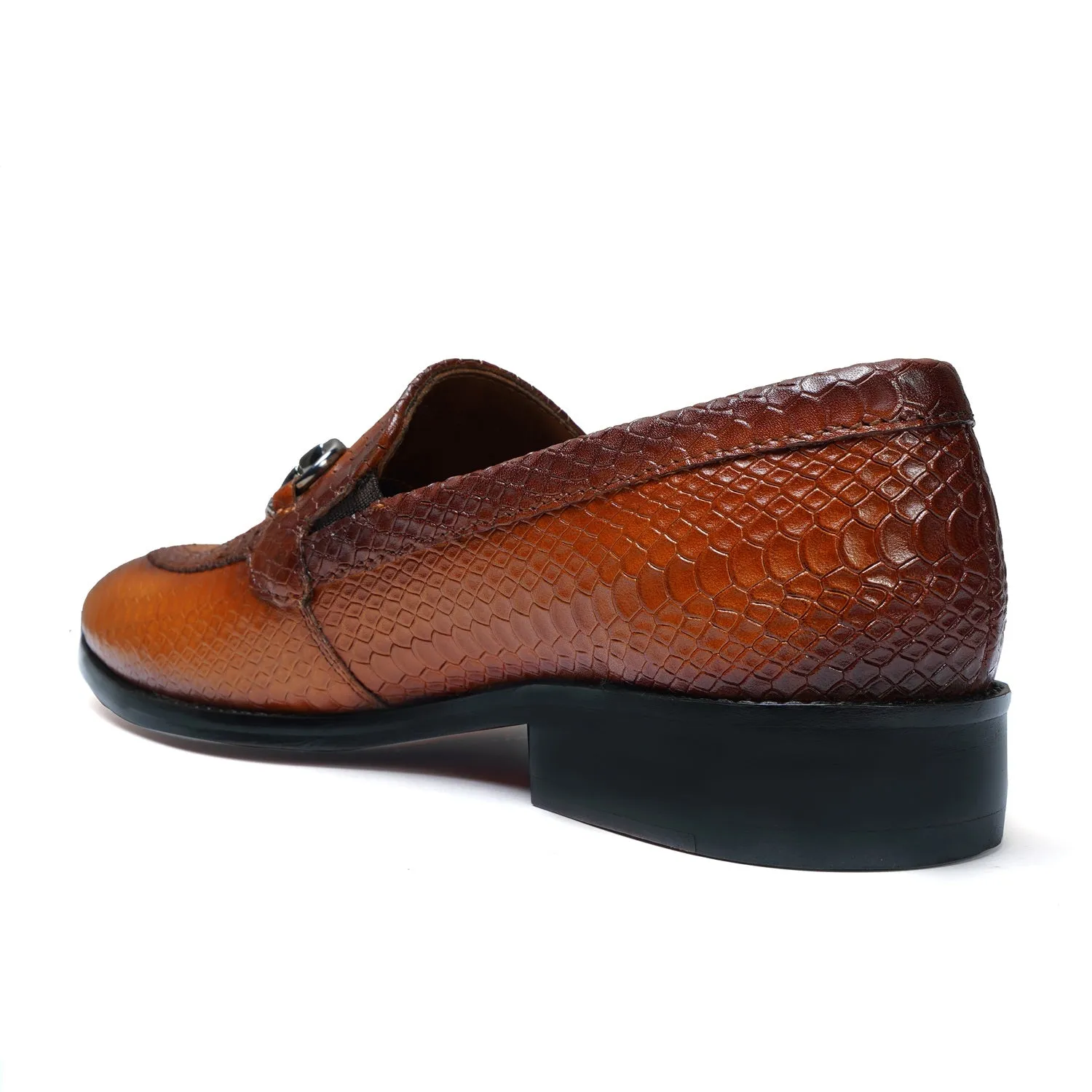 Snake Skin Textured Loafer with Horse-Bit Buckle Detailing