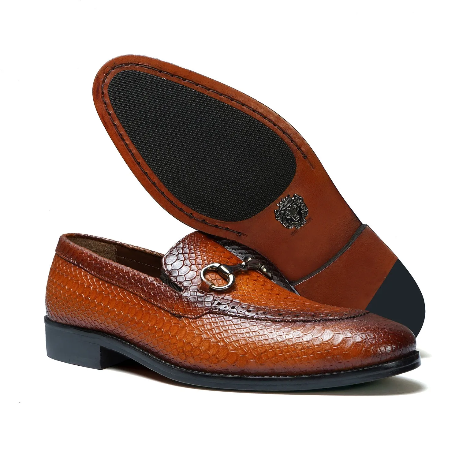 Snake Skin Textured Loafer with Horse-Bit Buckle Detailing