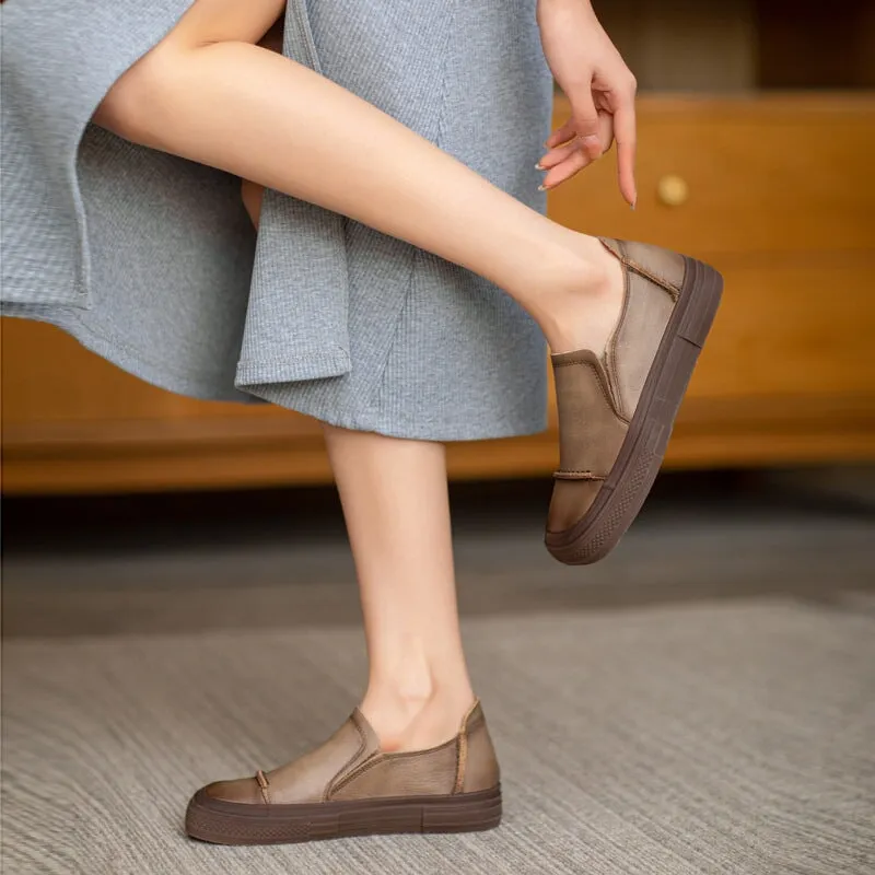 Soft Leather Flats Slip on Loafers for Women Handmade in Brown/Khaki