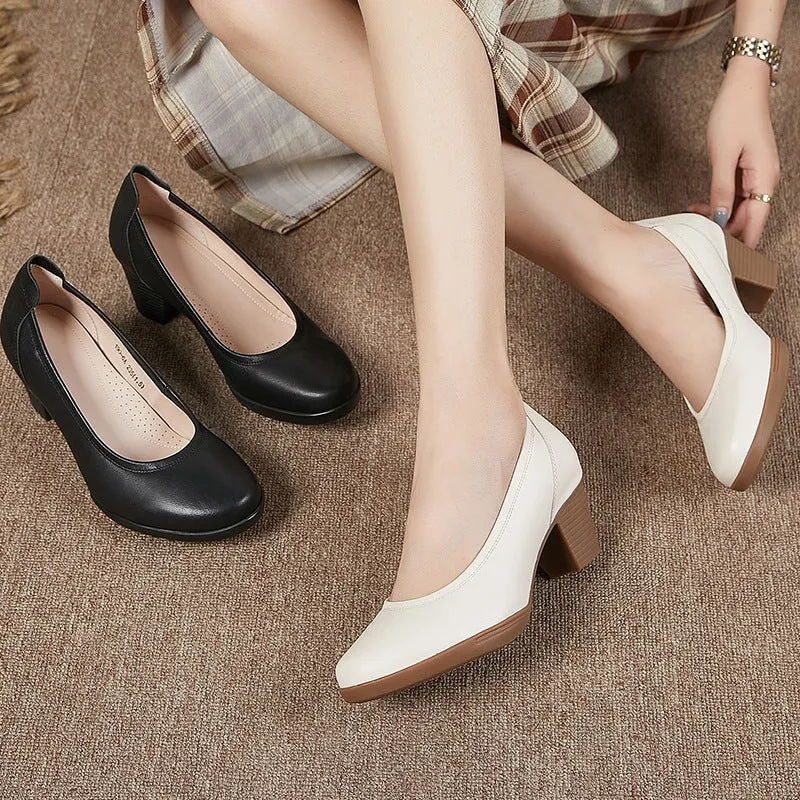 Soft Leather Glove Shoes Slip on Pumps for Women 50mm Block Heel Work Shoes in White/Black