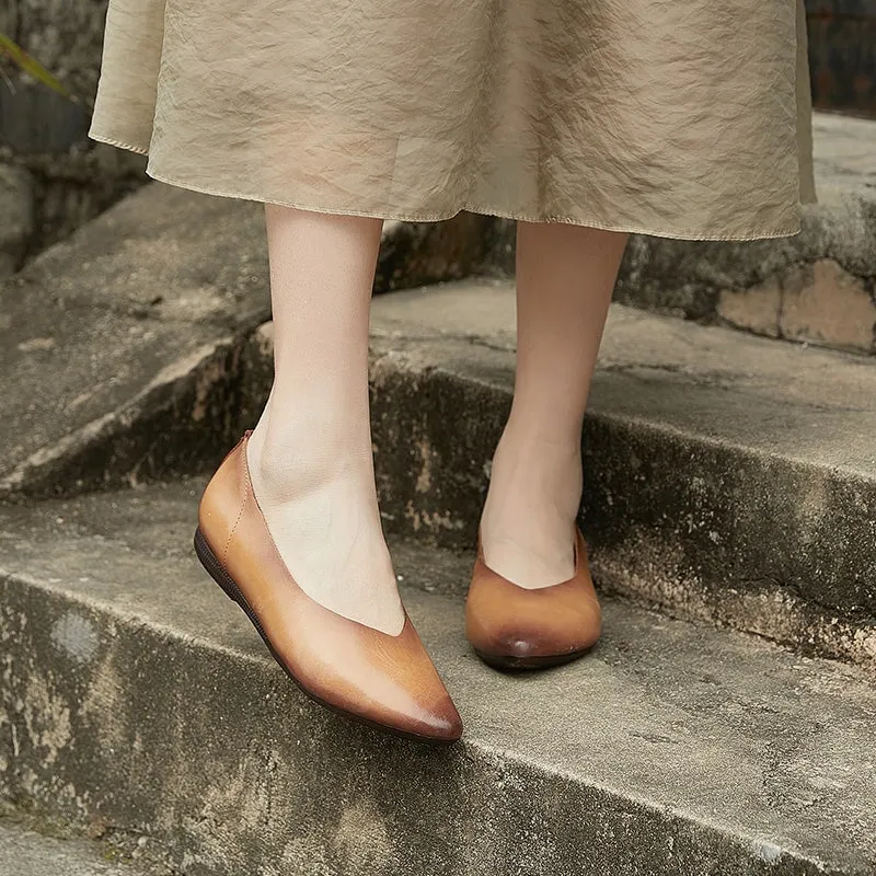 Soft Leather Point Toe Flat Shoes in Beige/Brown