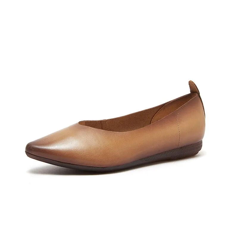 Soft Leather Point Toe Flat Shoes in Beige/Brown