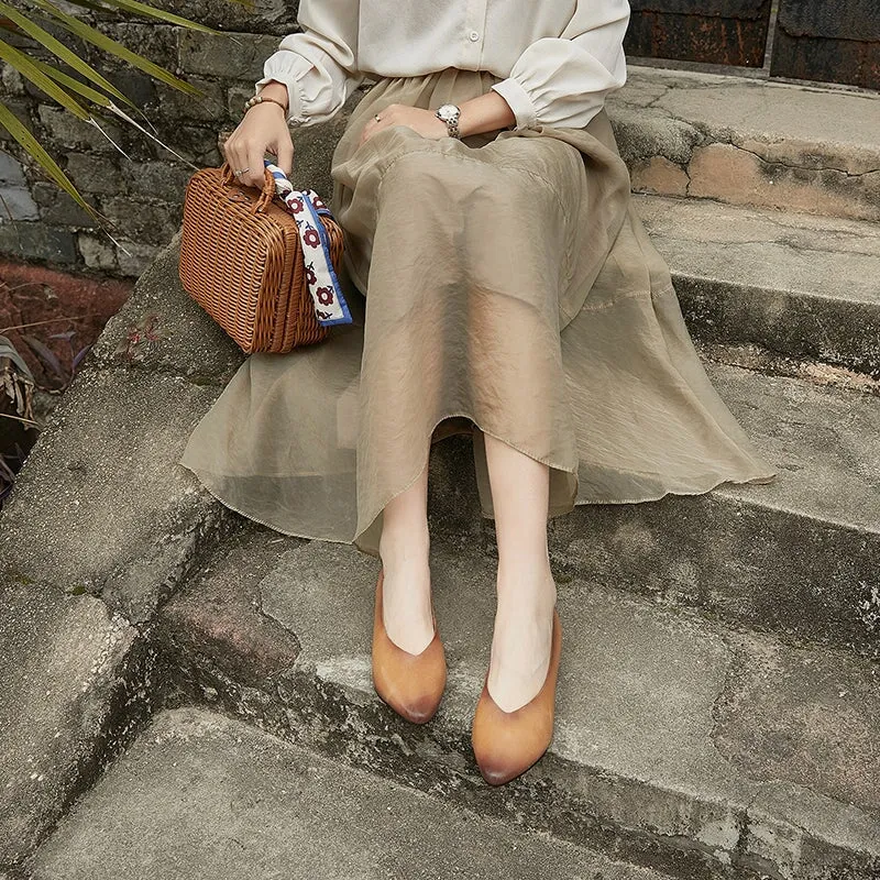 Soft Leather Point Toe Flat Shoes in Beige/Brown