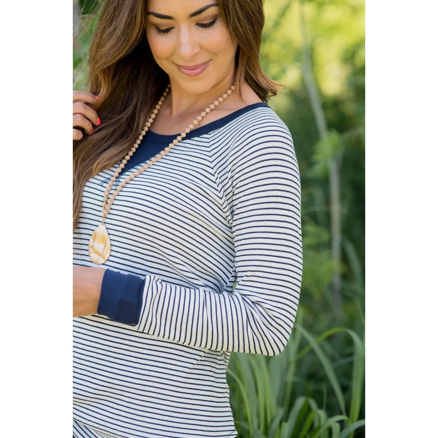 Solid Trim V Striped Long Sleeve Tee