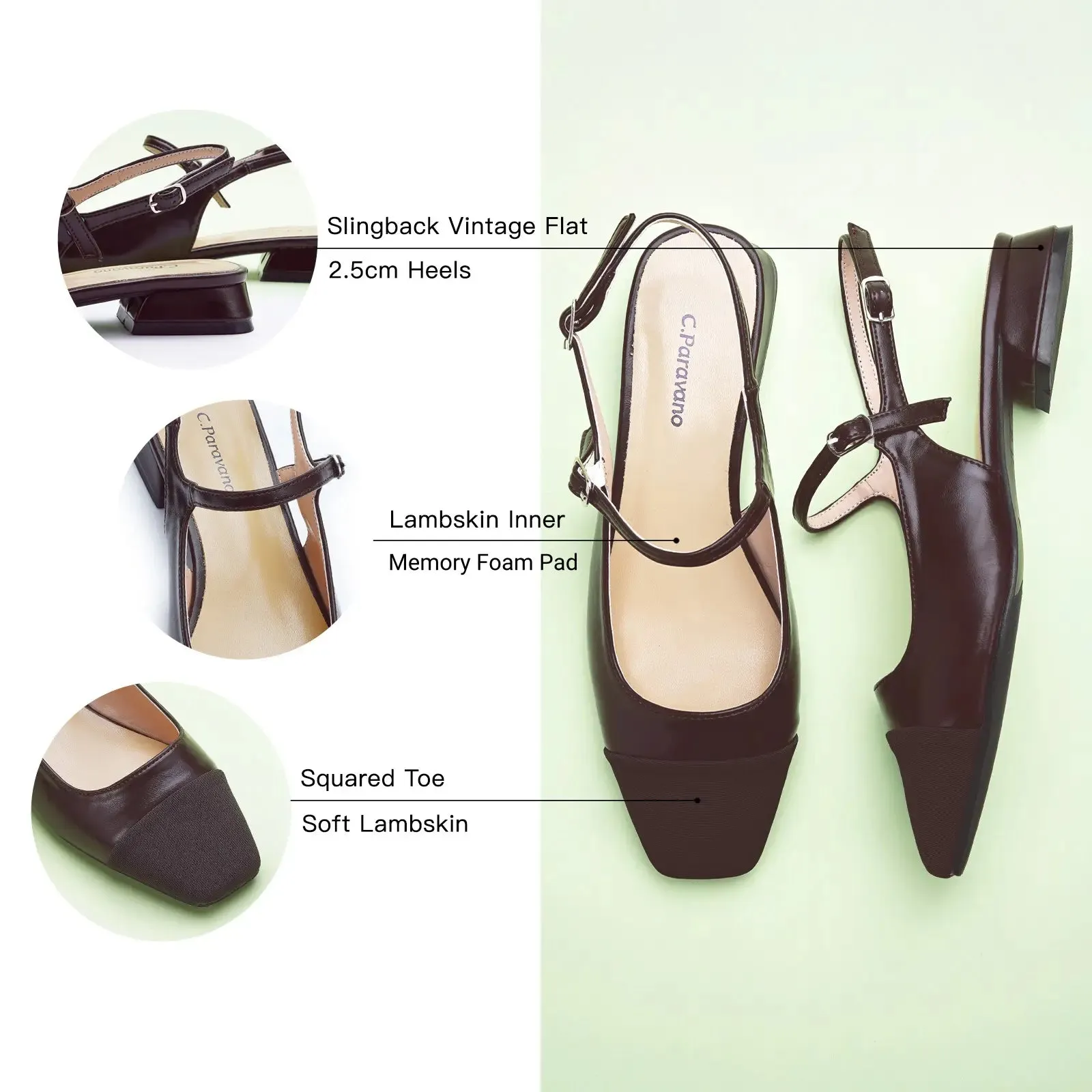 Square-Toe Slingback Flats (Felicia) Coffee