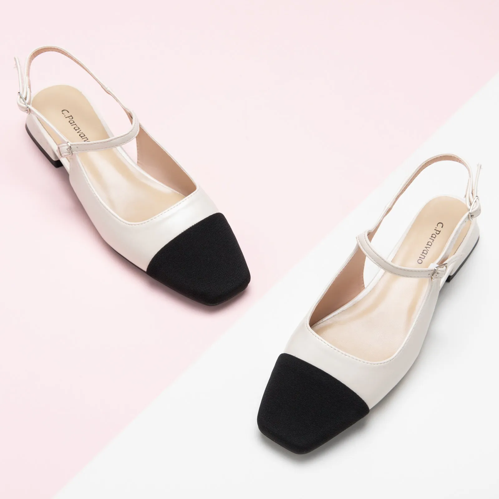 Square-Toe Slingback Flats (Felicia) White