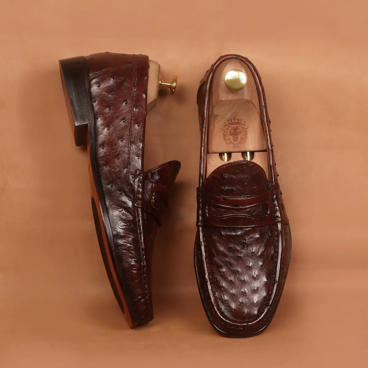 Stitched Pattern Dark Brown Loafer in Real Ostrich Leather