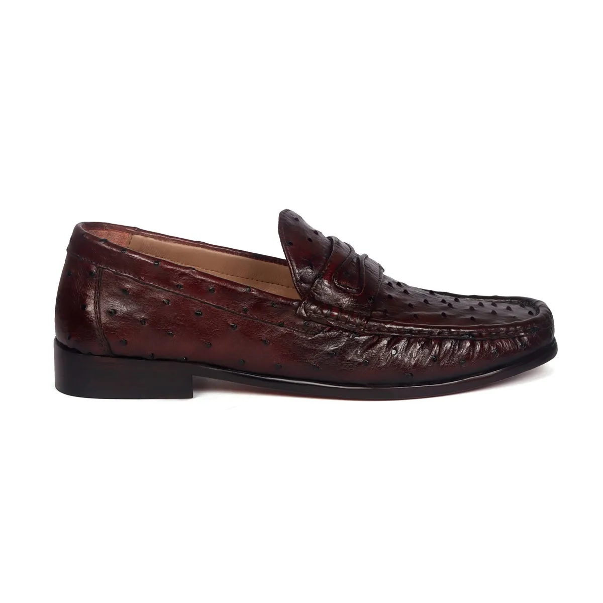 Stitched Pattern Dark Brown Loafer in Real Ostrich Leather