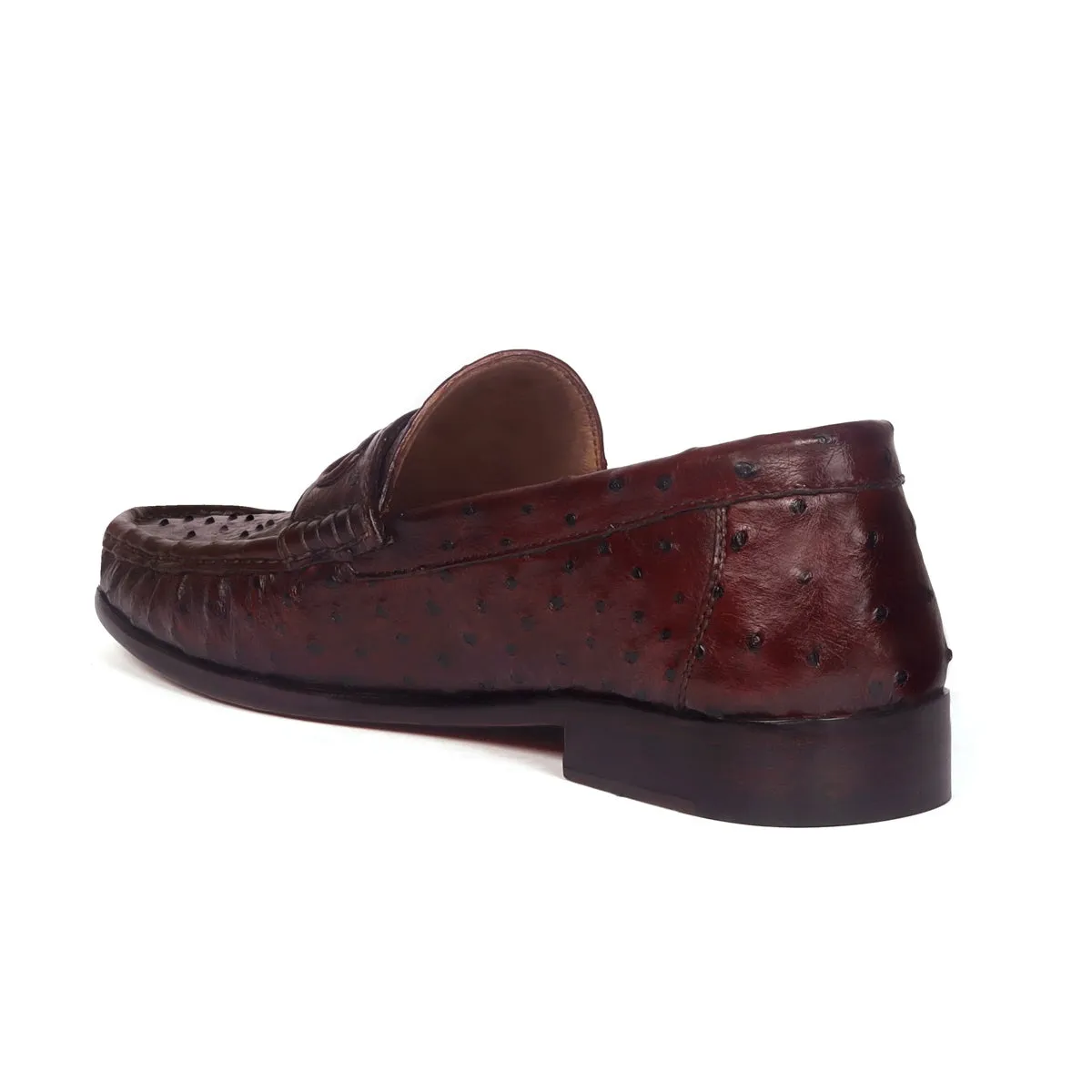 Stitched Pattern Dark Brown Loafer in Real Ostrich Leather