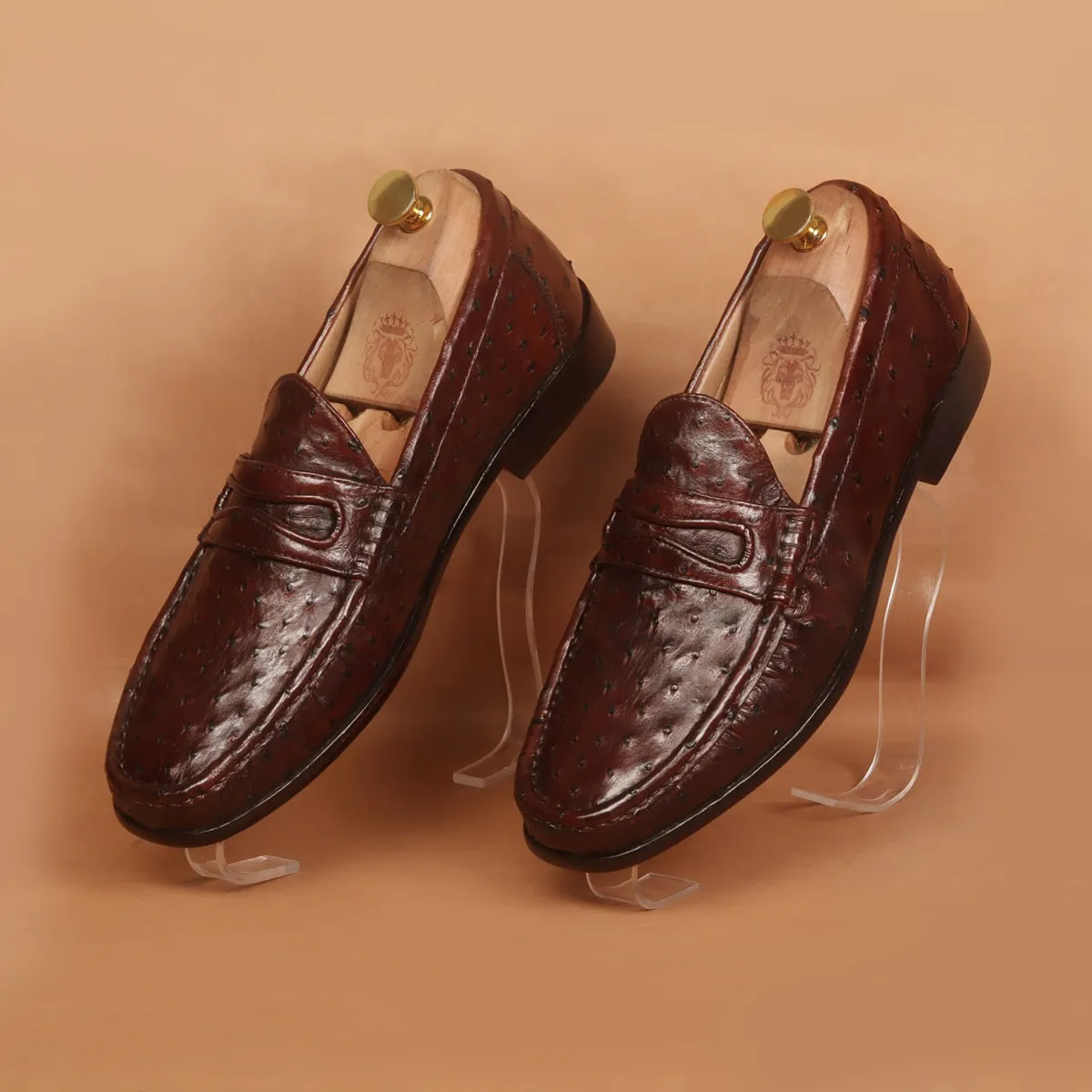 Stitched Pattern Dark Brown Loafer in Real Ostrich Leather