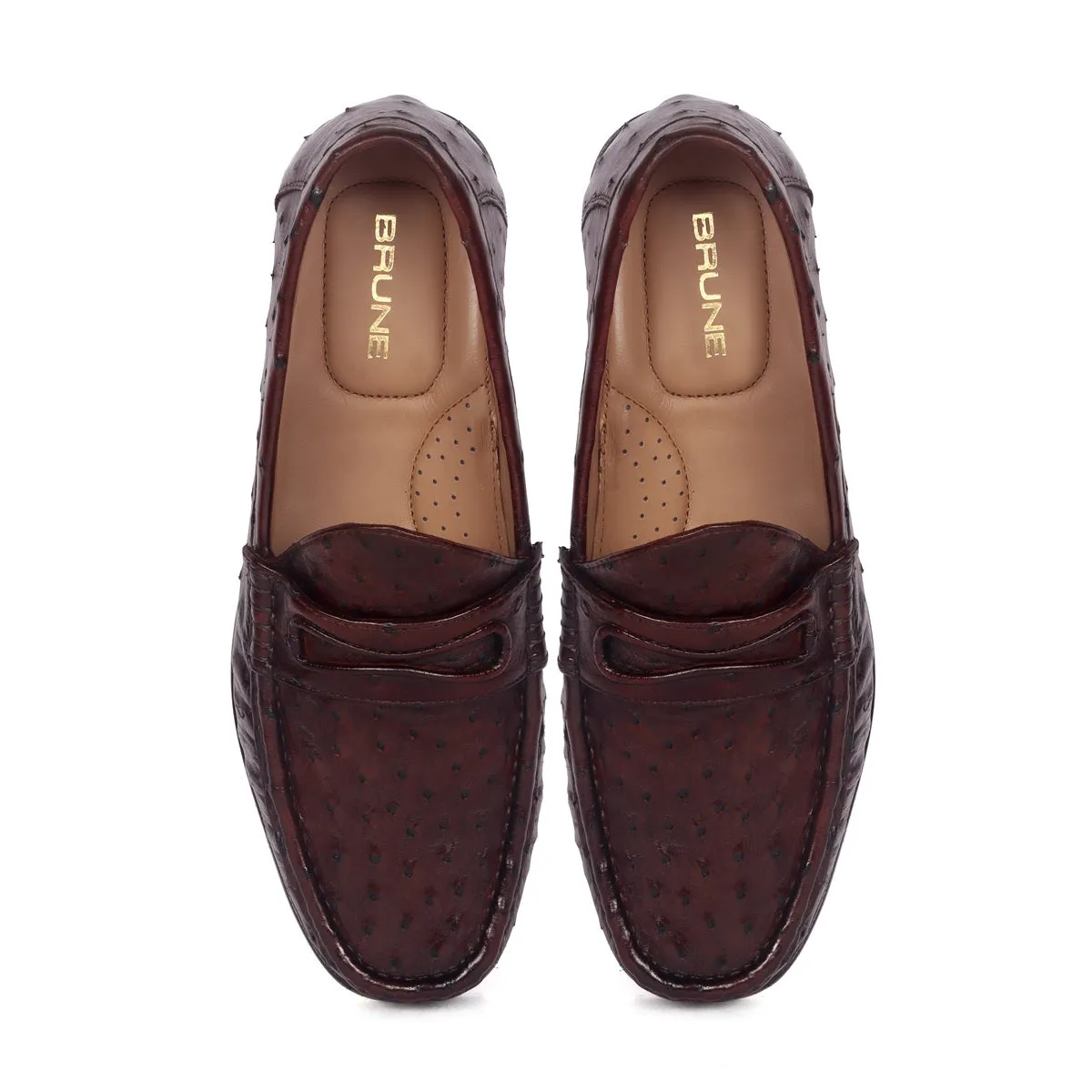 Stitched Pattern Dark Brown Loafer in Real Ostrich Leather