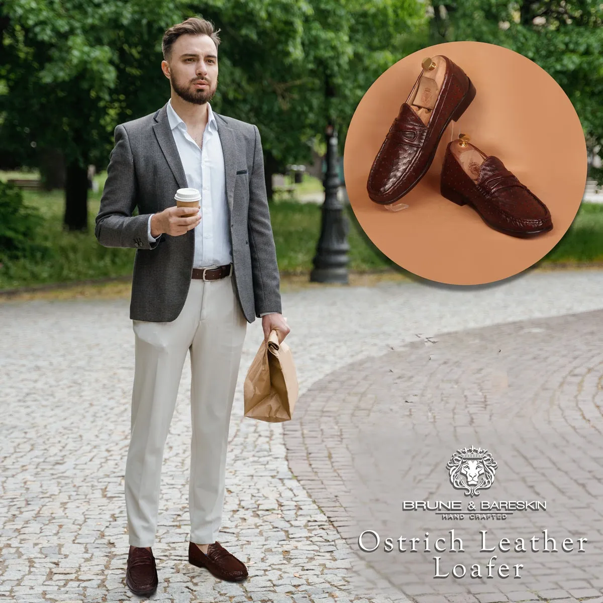 Stitched Pattern Dark Brown Loafer in Real Ostrich Leather