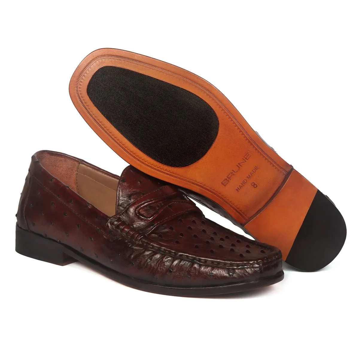 Stitched Pattern Dark Brown Loafer in Real Ostrich Leather