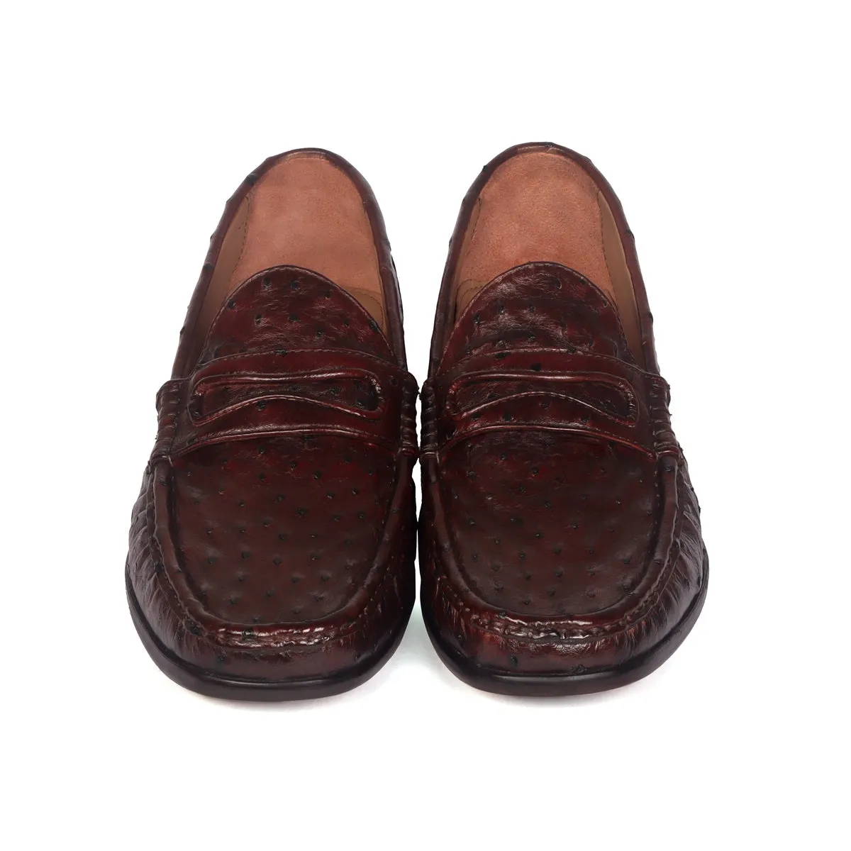 Stitched Pattern Dark Brown Loafer in Real Ostrich Leather